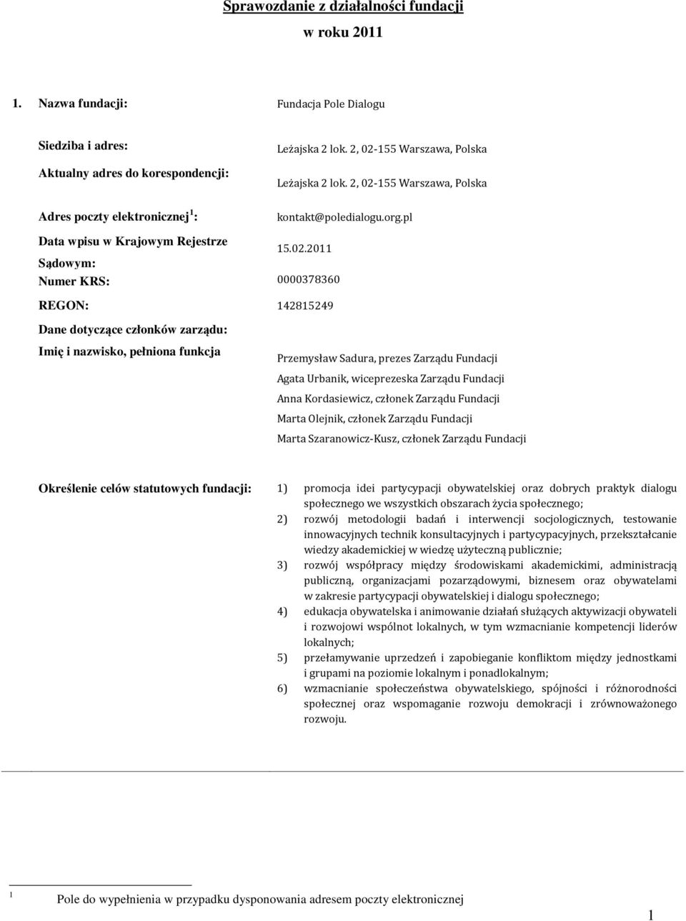 155 Warszawa, Polska Leżajska 2 lok. 155 Warszawa, Polska kontakt@poledialogu.org.pl Data wpisu w Krajowym Rejestrze 15.02.