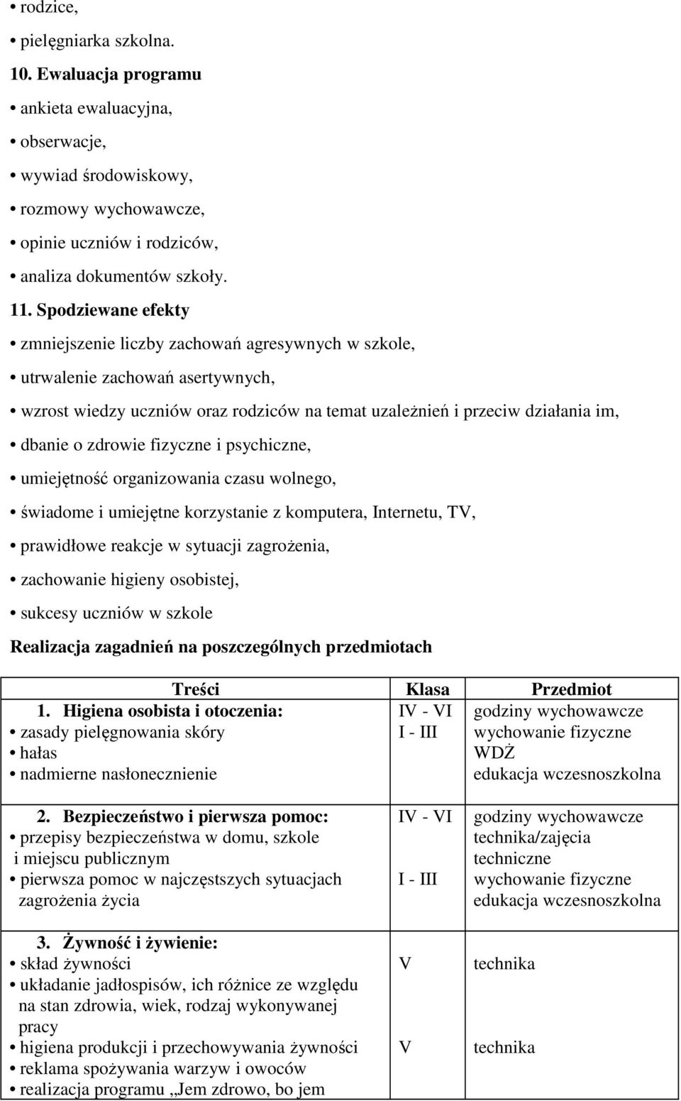 fizyczne i psychiczne, umiejętność organizowania czasu wolnego, świadome i umiejętne korzystanie z komputera, Internetu, TV, prawidłowe reakcje w sytuacji zagrożenia, zachowanie higieny osobistej,