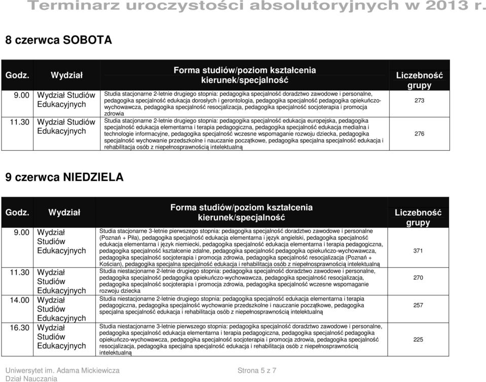 opiekuńczowychowawcza, pedagogika specjalność resocjalizacja, pedagogika specjalność socjoterapia i promocja zdrowia Studia stacjonarne 2-letnie drugiego stopnia: pedagogika specjalność edukacja