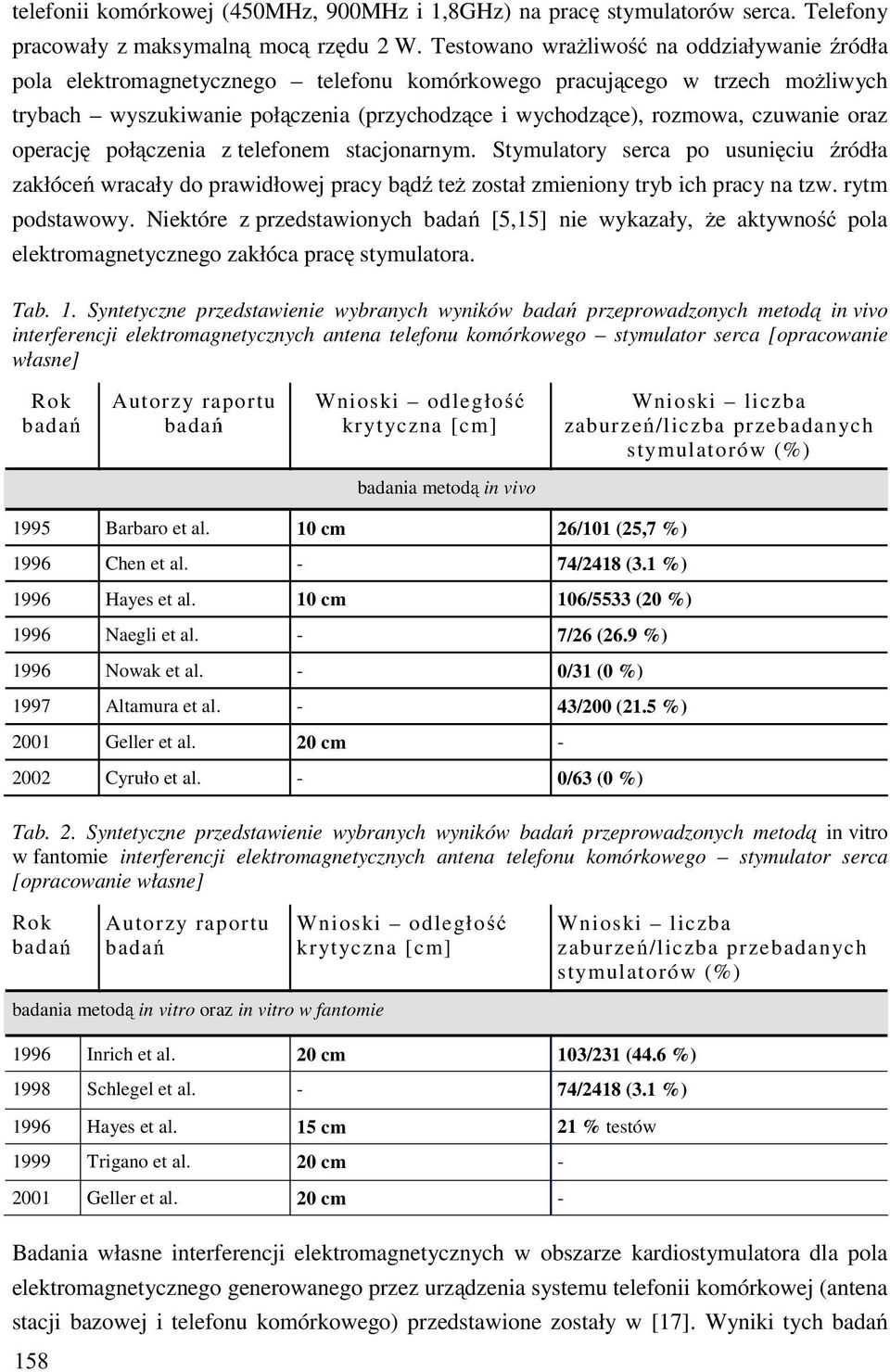 czuwanie oraz operację połączenia z telefonem stacjonarnym. Stymulatory serca po usunięciu źródła zakłóceń wracały do prawidłowej pracy bądź też został zmieniony tryb ich pracy na tzw.