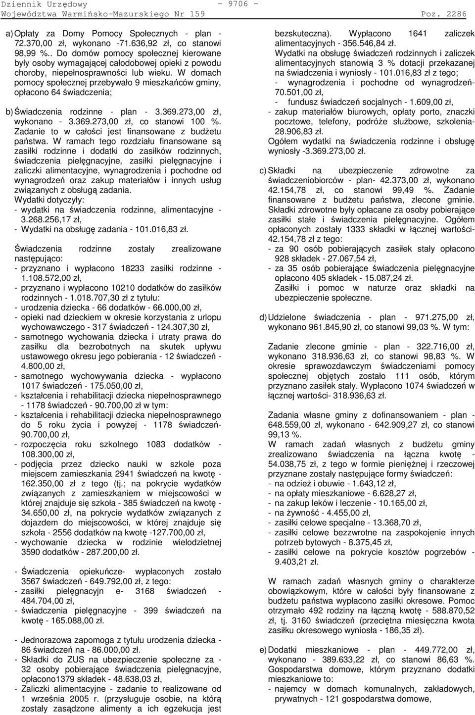 W domach pomocy społecznej przebywało 9 mieszkańców gminy, opłacono 64 świadczenia; b) Świadczenia rodzinne - plan - 3.369.273, zł, wykonano - 3.369.273, zł, co stanowi 1 %.