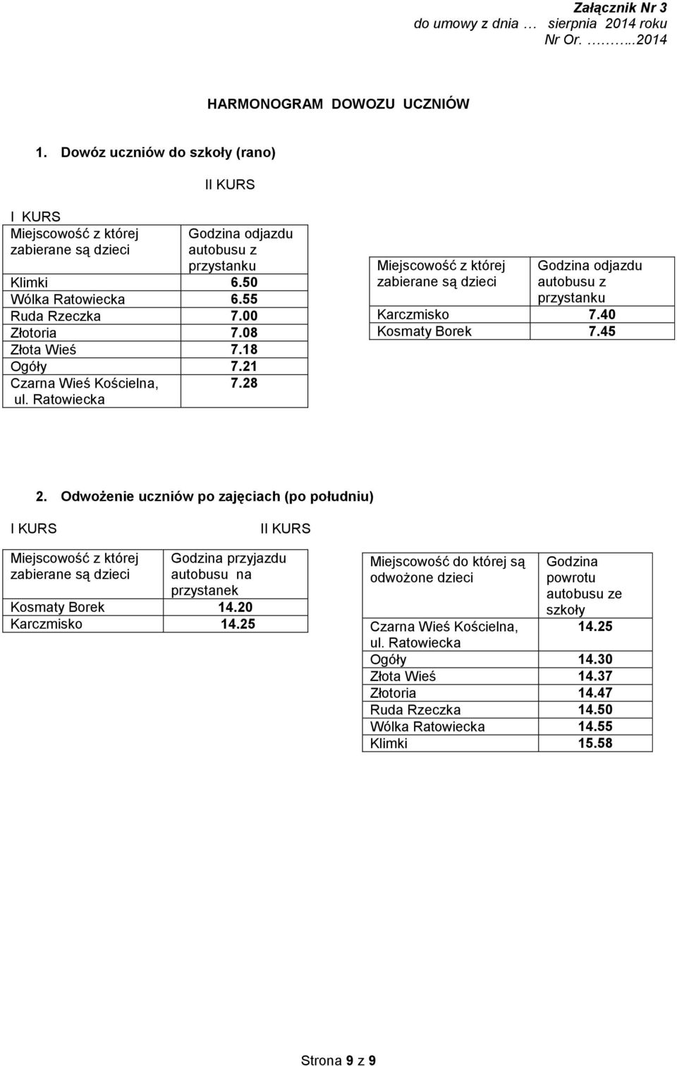 08 Złota Wieś 7.18 Ogóły 7.21 Czarna Wieś Kościelna, ul. Ratowiecka 7.28 Miejscowość z której zabierane są dzieci Godzina odjazdu autobusu z przystanku Karczmisko 7.40 Kosmaty Borek 7.45 2.