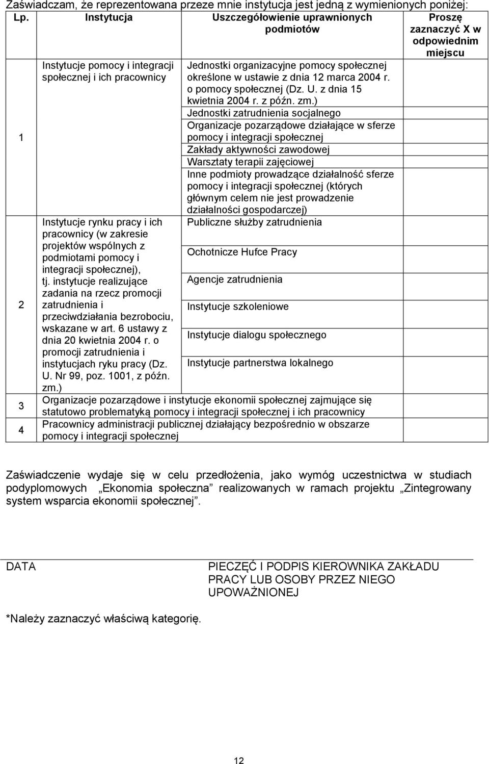 podmiotami pomocy i integracji społecznej), tj. instytucje realizujące zadania na rzecz promocji zatrudnienia i przeciwdziałania bezrobociu, wskazane w art. 6 ustawy z dnia 20 kwietnia 2004 r.