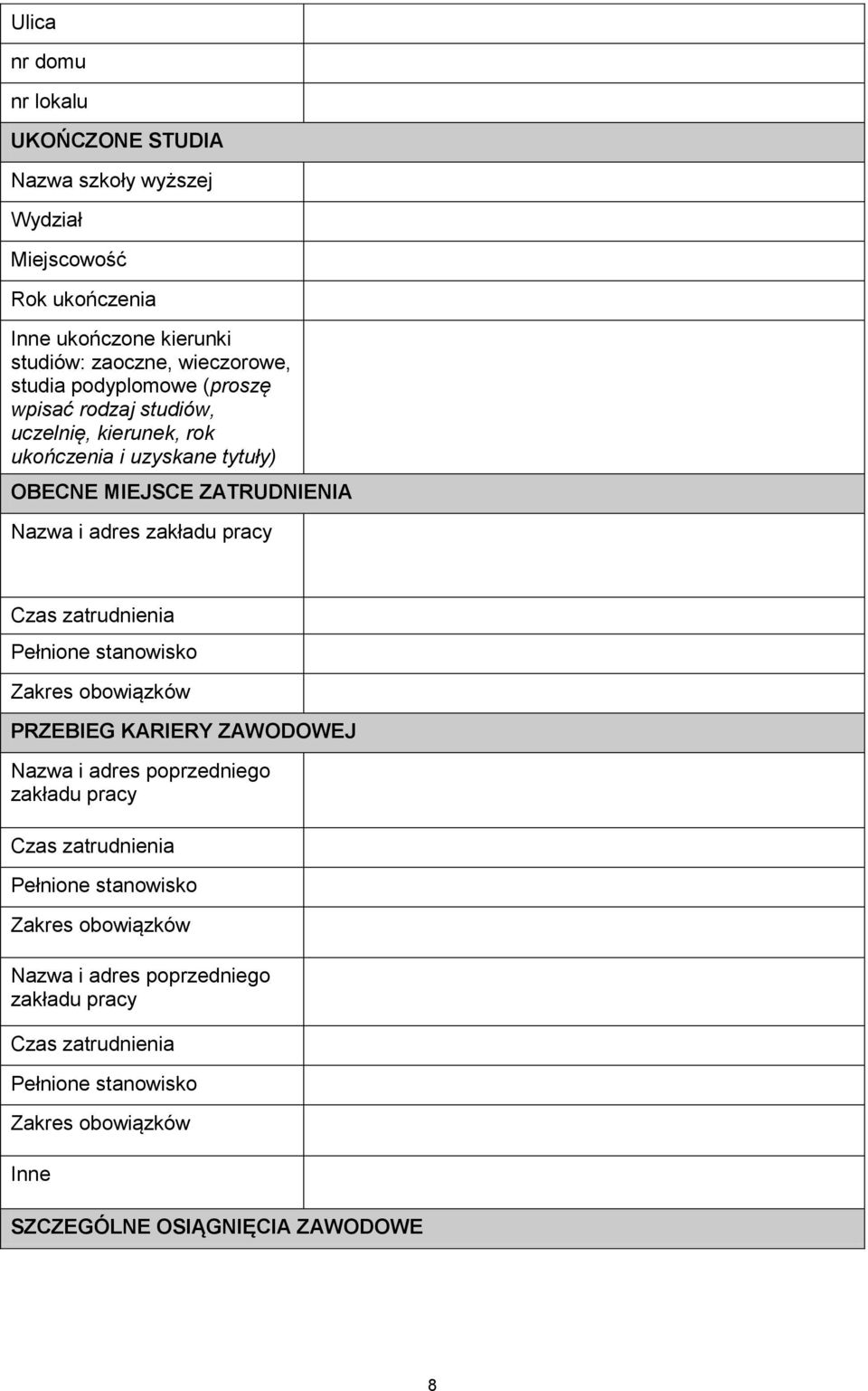pracy Czas zatrudnienia Pełnione stanowisko Zakres obowiązków PRZEBIEG KARIERY ZAWODOWEJ Nazwa i adres poprzedniego zakładu pracy Czas zatrudnienia Pełnione