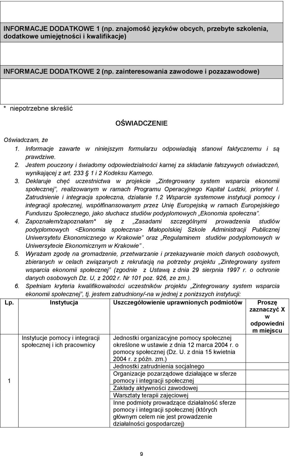 Jestem pouczony i świadomy odpowiedzialności karnej za składanie fałszywych oświadczeń, wynikającej z art. 233 1 i 2 Kodeksu Karnego. 3.