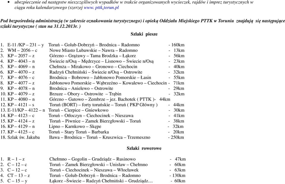 ) Szlaki piesze 1. E-11 /KP 231 y Toruń Golub-Dobrzyń Brodnica Radomno - 160km 2. WM 2056 c Nowe Miasto Lubawskie Nawra Radomno - 13km 3. KP 2057 z Górzno Grążawy Tama Brodzka Łąkorz - 56km 4.