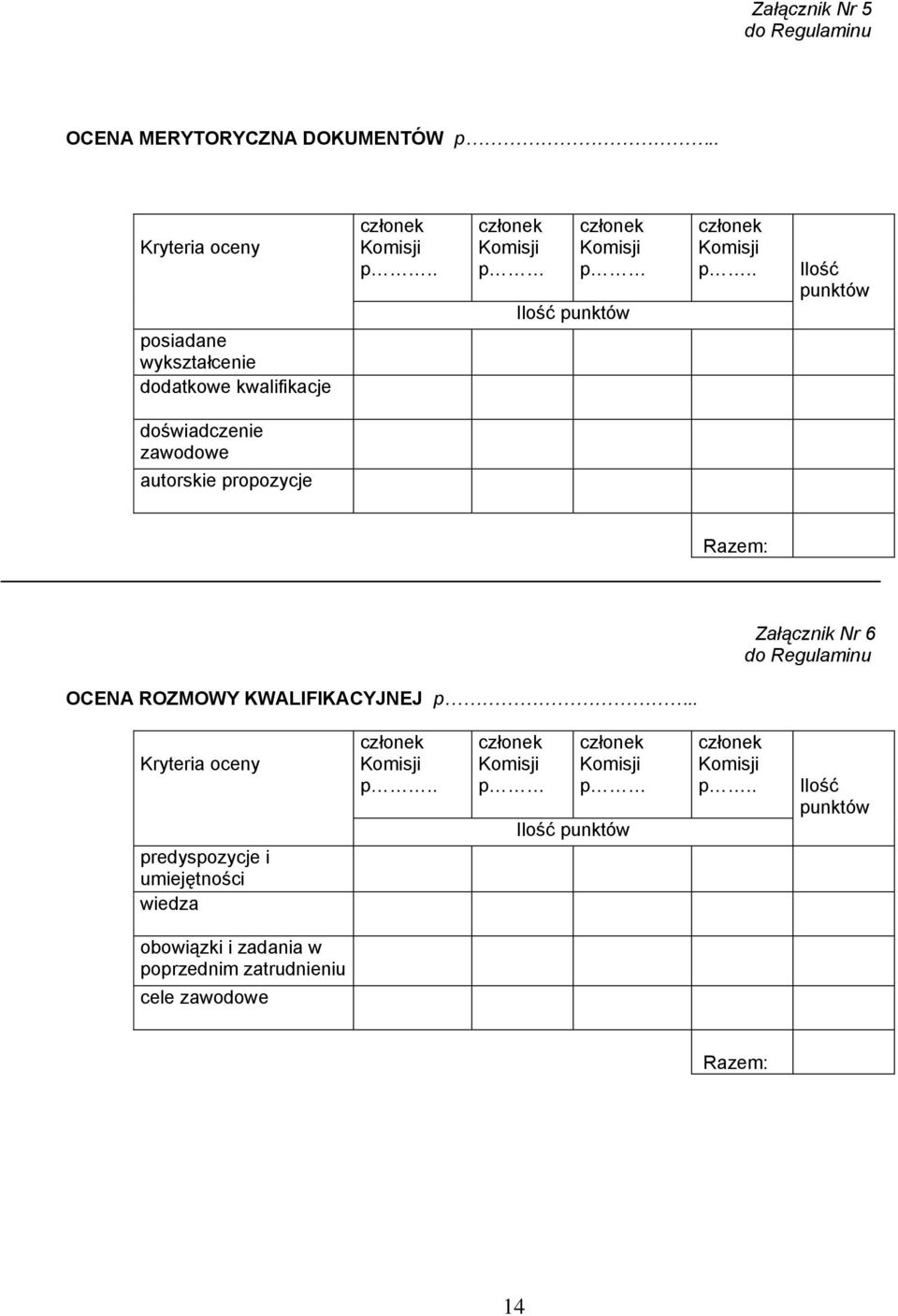 . Ilość punktów posiadane wykształcenie dodatkowe kwalifikacje doświadczenie zawodowe autorskie propozycje Razem: Załącznik Nr 6 do