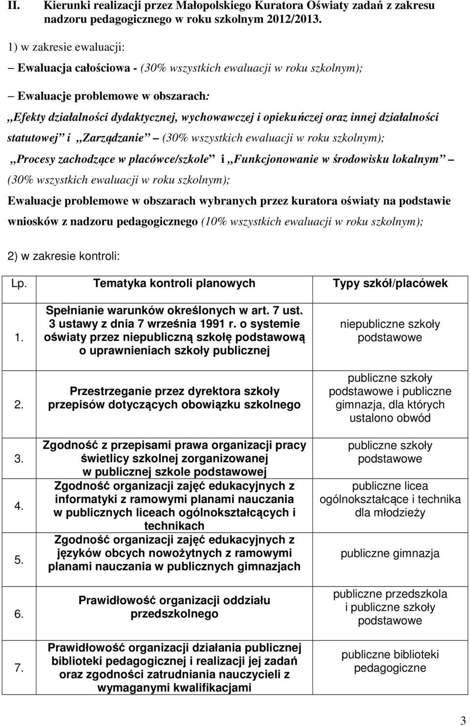 działalności statutowej i Zarządzanie (30% wszystkich ewaluacji w roku szkolnym); Procesy zachodzące w placówce/szkole i Funkcjonowanie w środowisku lokalnym (30% wszystkich ewaluacji w roku