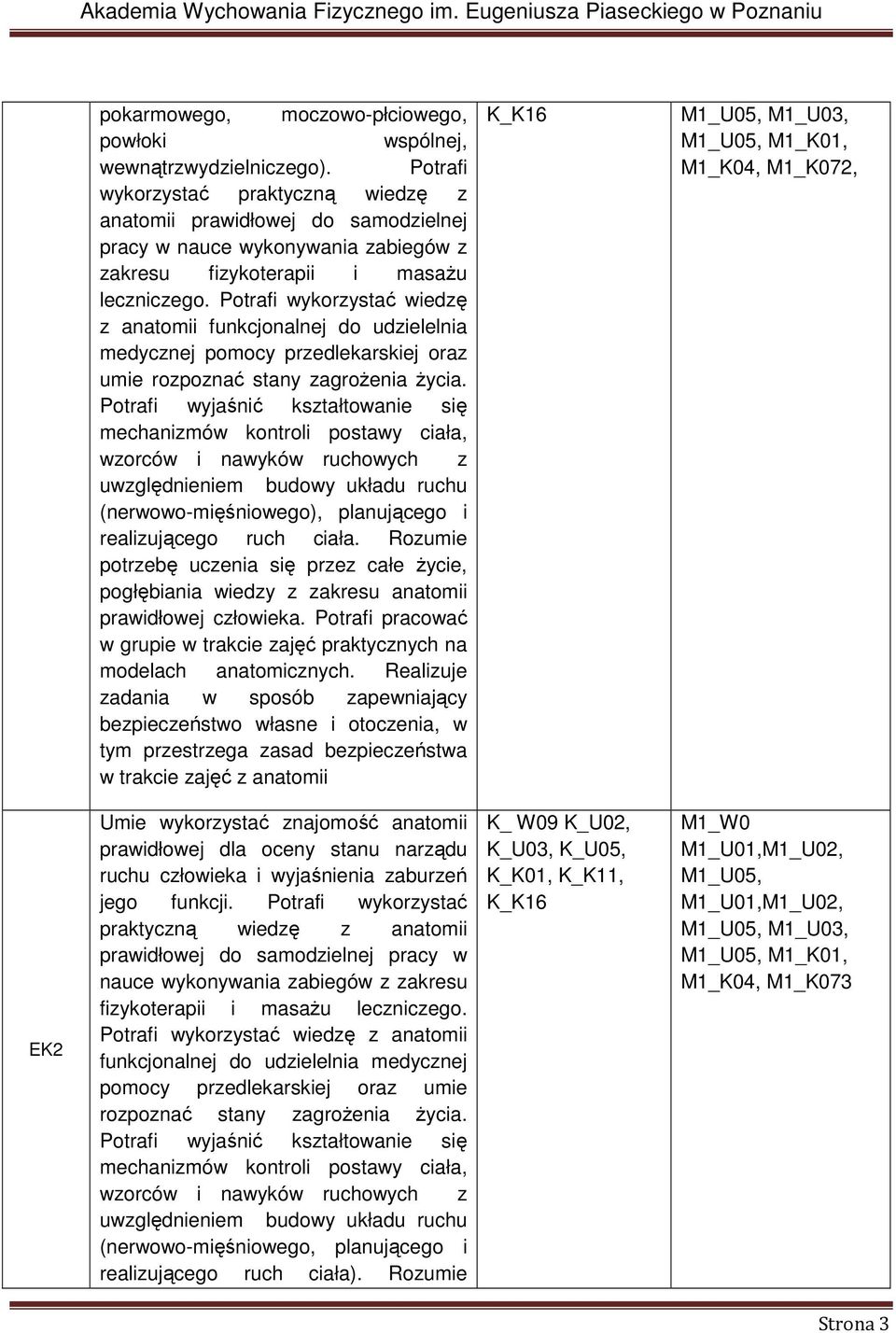 Potrafi wykorzystać wiedzę z anatomii funkcjonalnej do udzielelnia medycznej pomocy przedlekarskiej oraz umie rozpoznać stany zagrożenia życia.