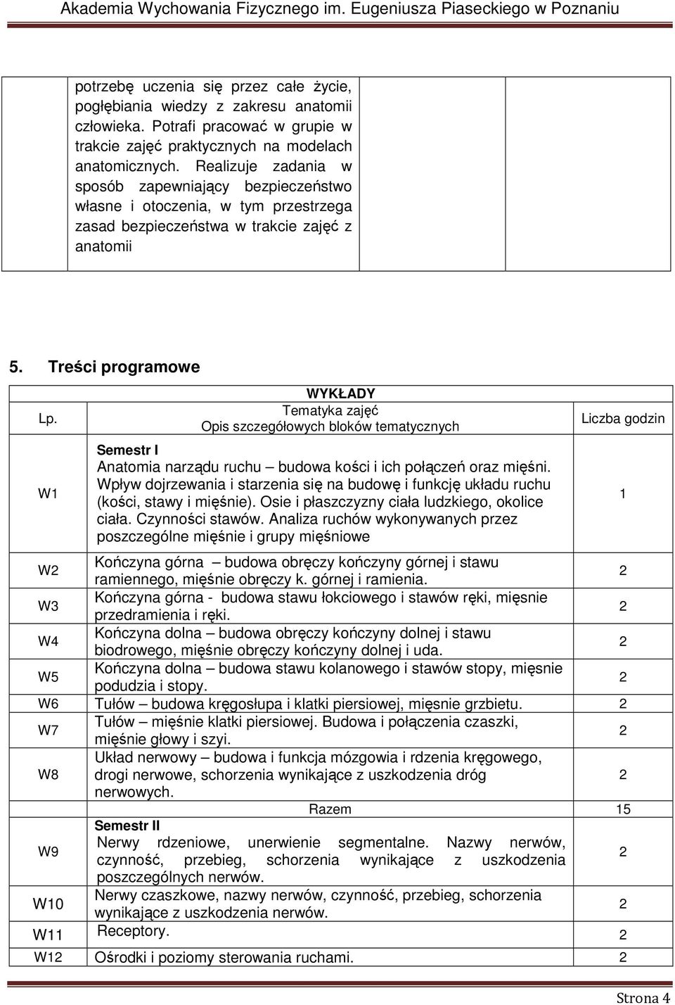 W1 WYKŁADY Tematyka zajęć Opis szczegółowych bloków tematycznych Semestr I Anatomia narządu ruchu budowa kości i ich połączeń oraz mięśni.