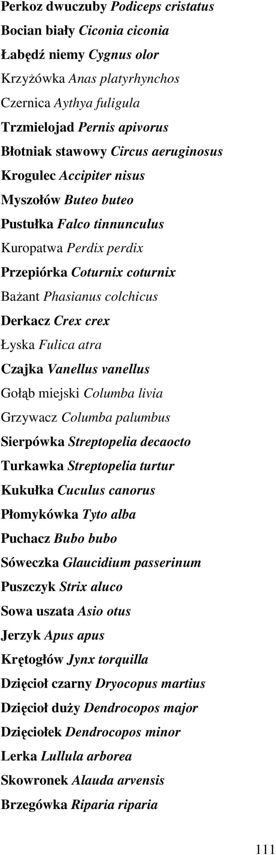 atra Czajka Vanellus vanellus Gołąb miejski Columba livia Grzywacz Columba palumbus Sierpówka Streptopelia decaocto Turkawka Streptopelia turtur Kukułka Cuculus canorus Płomykówka Tyto alba Puchacz