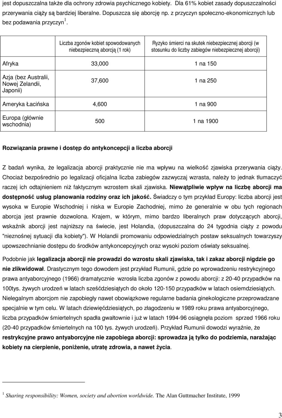 Liczba zgonów kobiet spowodowanych niebezpieczną aborcją (1 rok) Ryzyko śmierci na skutek niebezpiecznej aborcji (w stosunku do liczby zabiegów niebezpiecznej aborcji) Afryka 33,000 1 na 150 Azja