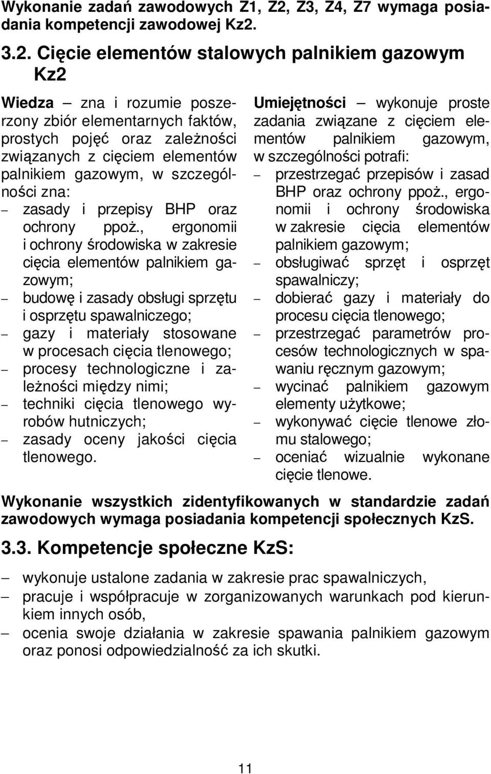 3.2. Cięcie elementów stalowych palnikiem gazowym Kz2 Wiedza zna i rozumie poszerzony zbiór elementarnych faktów, prostych pojęć oraz zależności związanych z cięciem elementów palnikiem gazowym, w