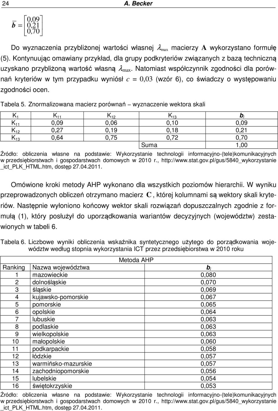 Natoiast współczynnik zgodności dla porównań kryteriów w ty przypadku wyniósł c = 0,03 (wzór 6), co świadczy o występowaniu zgodności ocen. Tabela 5.