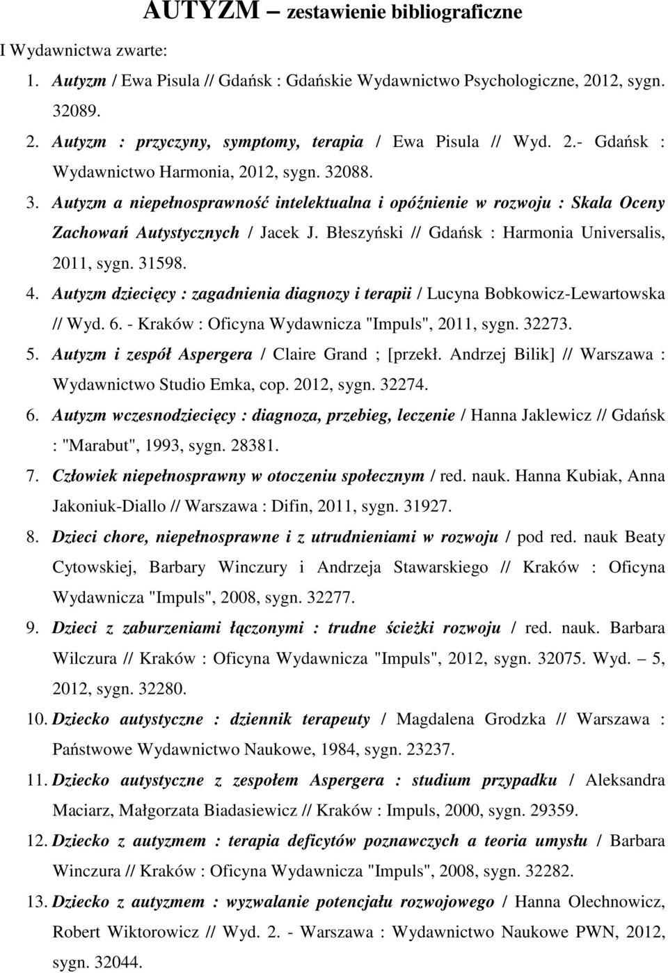 Błeszyński // Gdańsk : Harmonia Universalis, 2011, sygn. 31598. 4. Autyzm dziecięcy : zagadnienia diagnozy i terapii / Lucyna Bobkowicz-Lewartowska // Wyd. 6.
