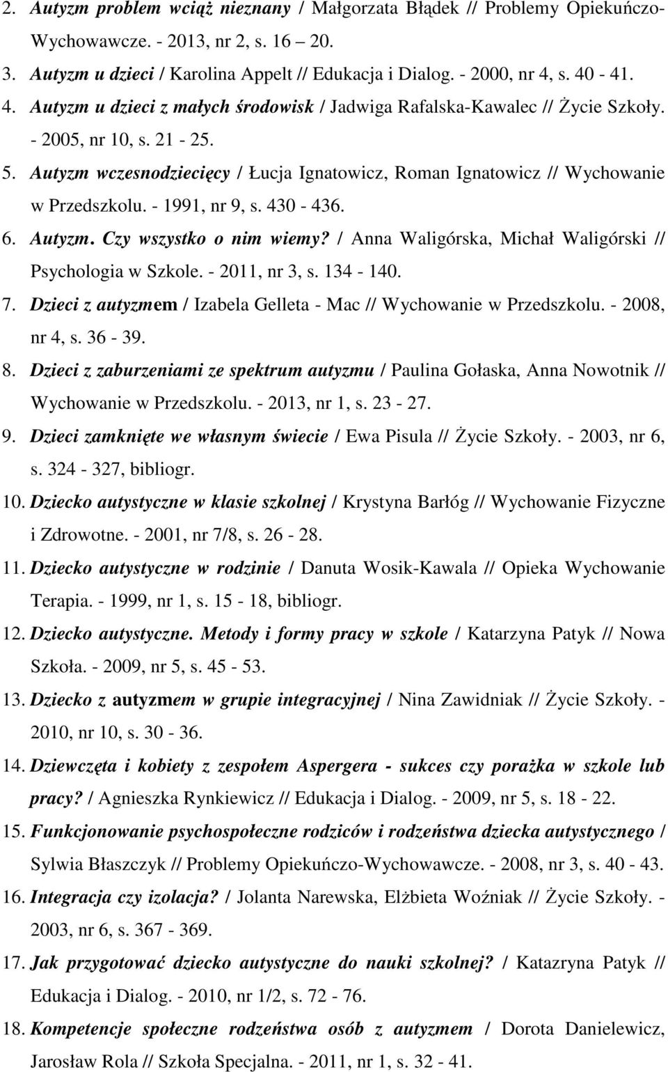 Autyzm wczesnodziecięcy / Łucja Ignatowicz, Roman Ignatowicz // Wychowanie w Przedszkolu. - 1991, nr 9, s. 430-436. 6. Autyzm. Czy wszystko o nim wiemy?