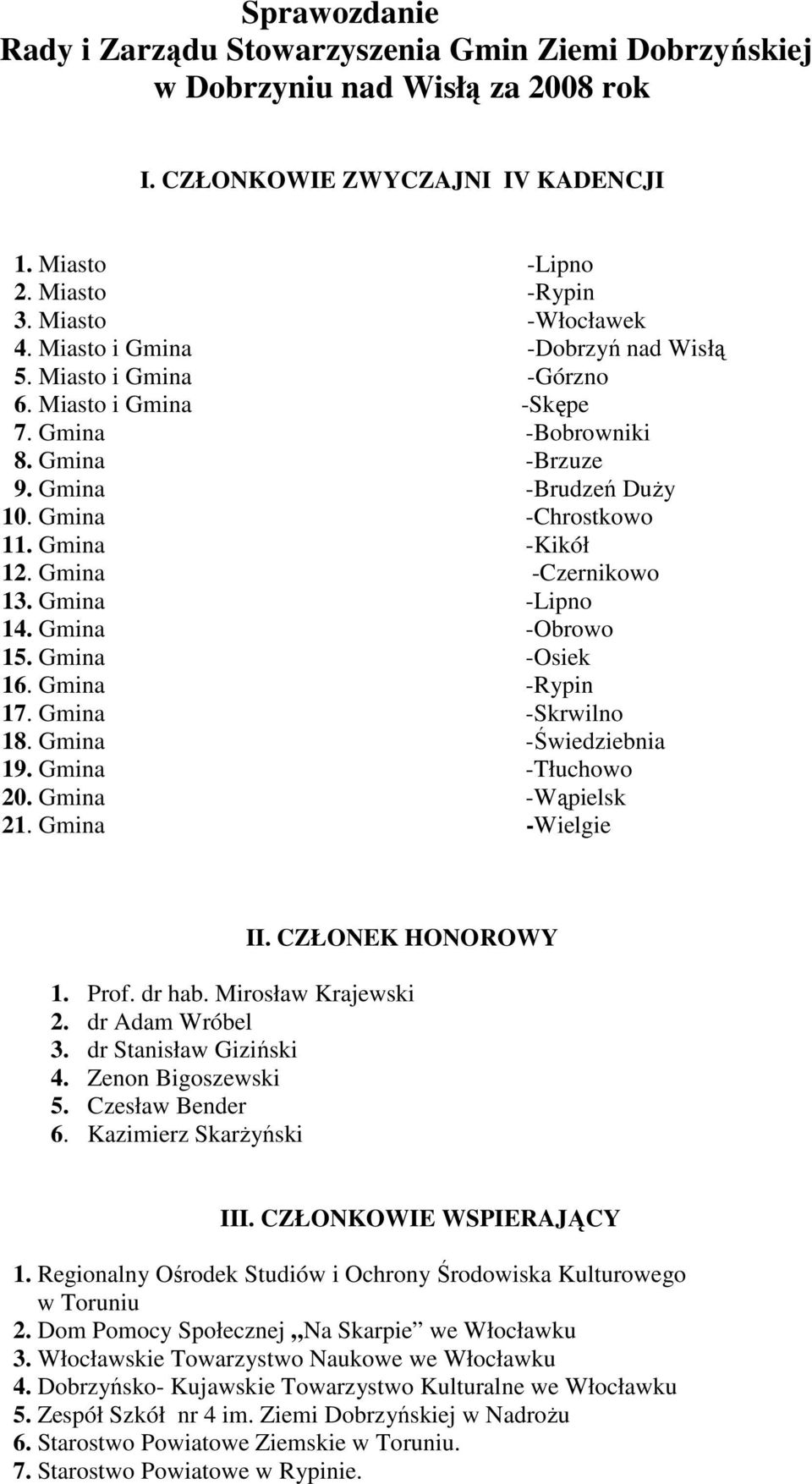 Gmina -Czernikowo 13. Gmina -Lipno 14. Gmina -Obrowo 15. Gmina -Osiek 16. Gmina -Rypin 17. Gmina -Skrwilno 18. Gmina -Świedziebnia 19. Gmina -Tłuchowo 20. Gmina -Wąpielsk 21. Gmina -Wielgie II.