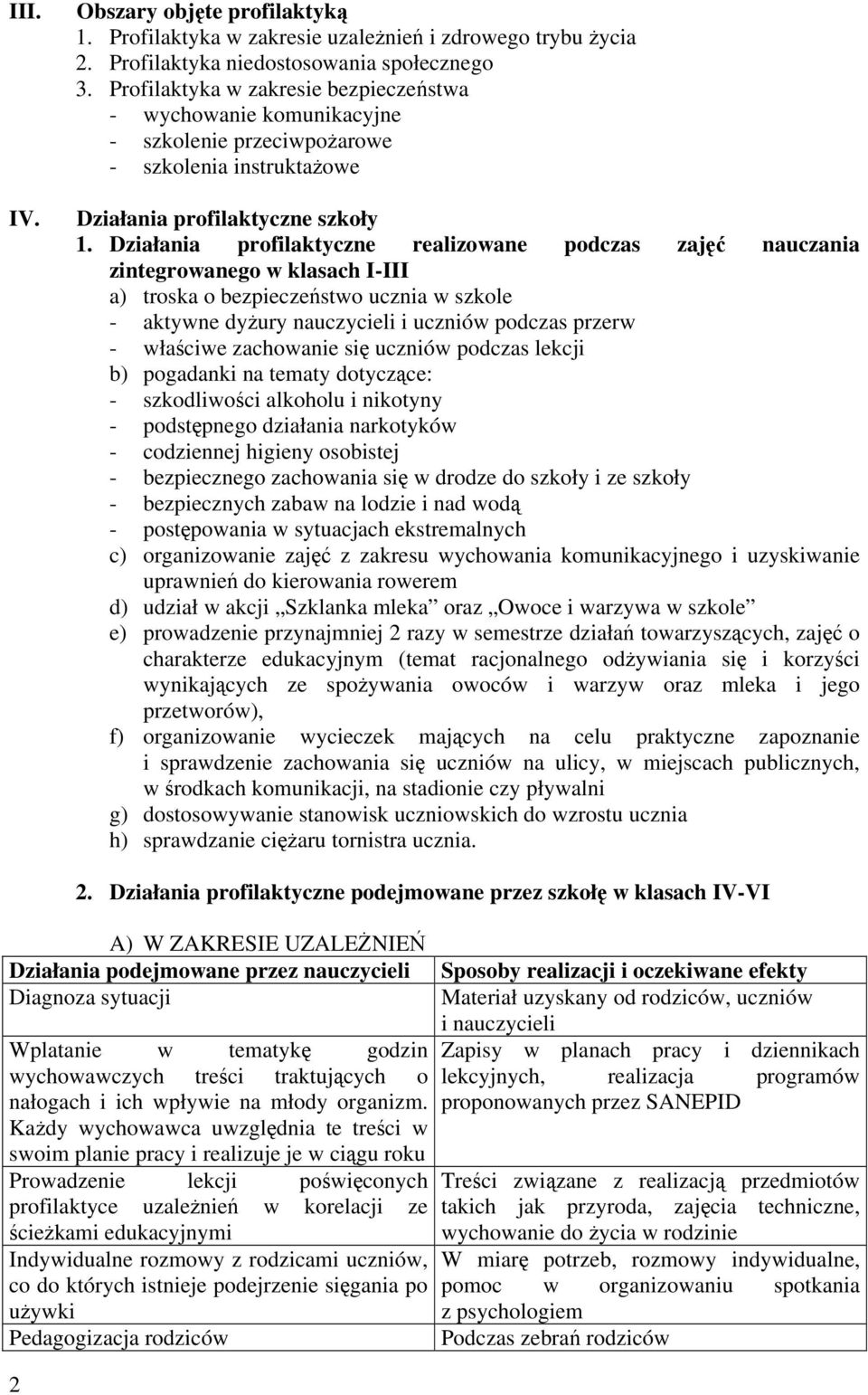 Działania profilaktyczne realizowane podczas zajęć nauczania zintegrowanego w klasach I-III a) troska o bezpieczeństwo ucznia w szkole - aktywne dyżury nauczycieli i uczniów podczas przerw - właściwe