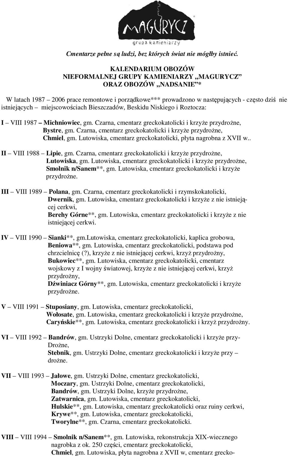 miejscowościach ieszczadów, eskidu Niskiego i Roztocza: I VIII 1987 Michniowiec, gm. Czarna, cmentarz greckokatolicki i krzyŝe przydroŝne, ystre, gm.