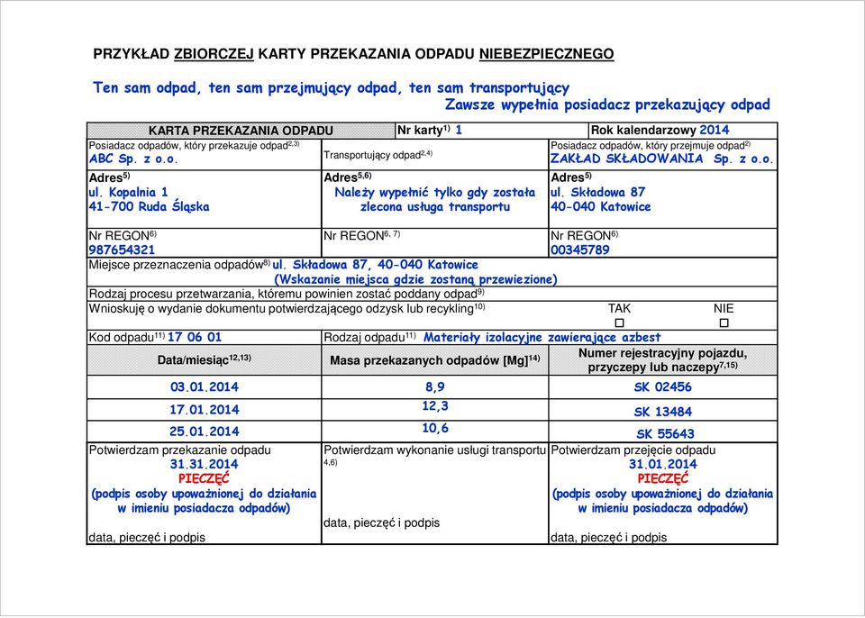 Kopalnia 1 Należy wypełnić tylko gdy została zlecona usługa transportu ul. Składowa 87 40-040 Katowice Nr REGON 6, 7) 00345789 Miejsce przeznaczenia 8) ul.