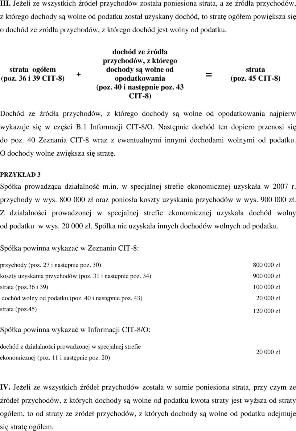 43 CIT-8) = strata (poz. 45 CIT-8) Dochód ze źródła przychodów, z którego dochody są wolne od najpierw wykazuje się w części B.1 Informacji CIT-8/O. Następnie dochód ten dopiero przenosi się do poz.