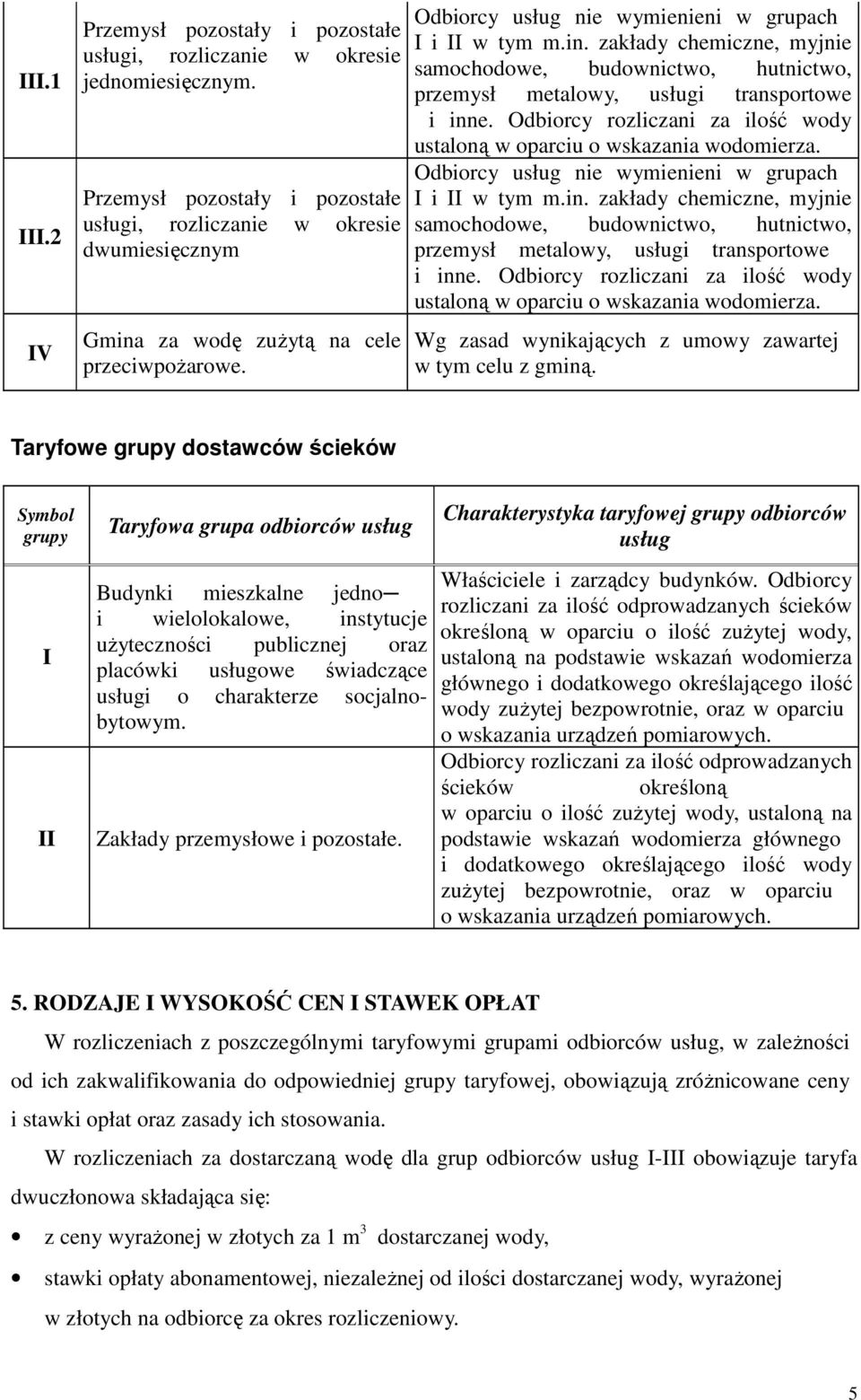 Odbiorcy rozliczani za ilość wody ustaloną w oparciu o wskazania wodomierza. Odbiorcy usług nie wymienieni w grupach I i II w tym m.in.