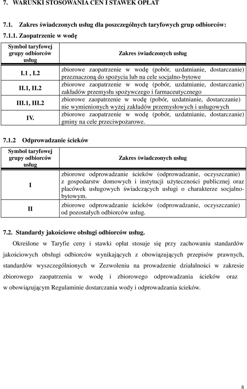 Zakres świadczonych usług zbiorowe zaopatrzenie w wodę (pobór, uzdatnianie, dostarczanie) przeznaczoną do spoŝycia lub na cele socjalno-bytowe zbiorowe zaopatrzenie w wodę (pobór, uzdatnianie,