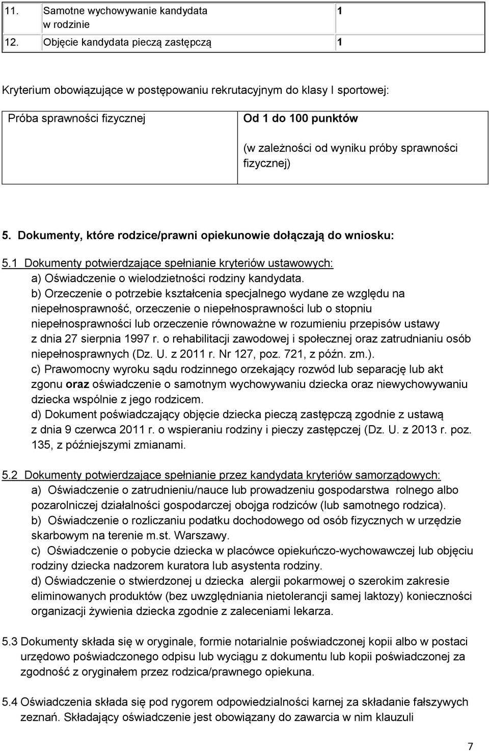 sprawności fizycznej) 5. Dokumenty, które rodzice/prawni opiekunowie dołączają do wniosku: 5.