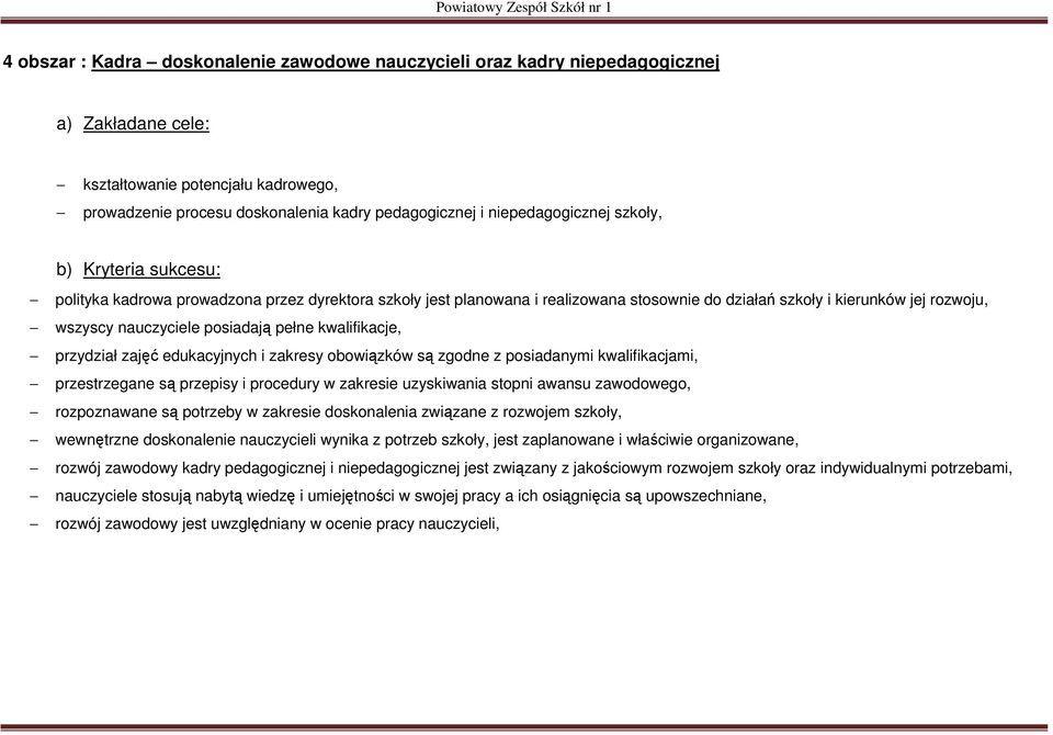 pełne kwalifikacje, przydział zajęć edukacyjnych i zakresy obowiązków są zgodne z posiadanymi kwalifikacjami, przestrzegane są przepisy i procedury w zakresie uzyskiwania stopni awansu zawodowego,