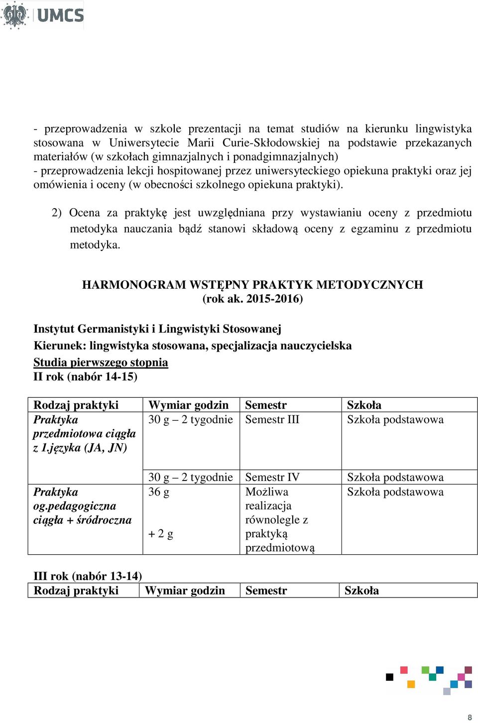 2) Ocena za praktykę jest uwzględniana przy wystawianiu oceny z przedmiotu metodyka nauczania bądź stanowi składową oceny z egzaminu z przedmiotu metodyka.