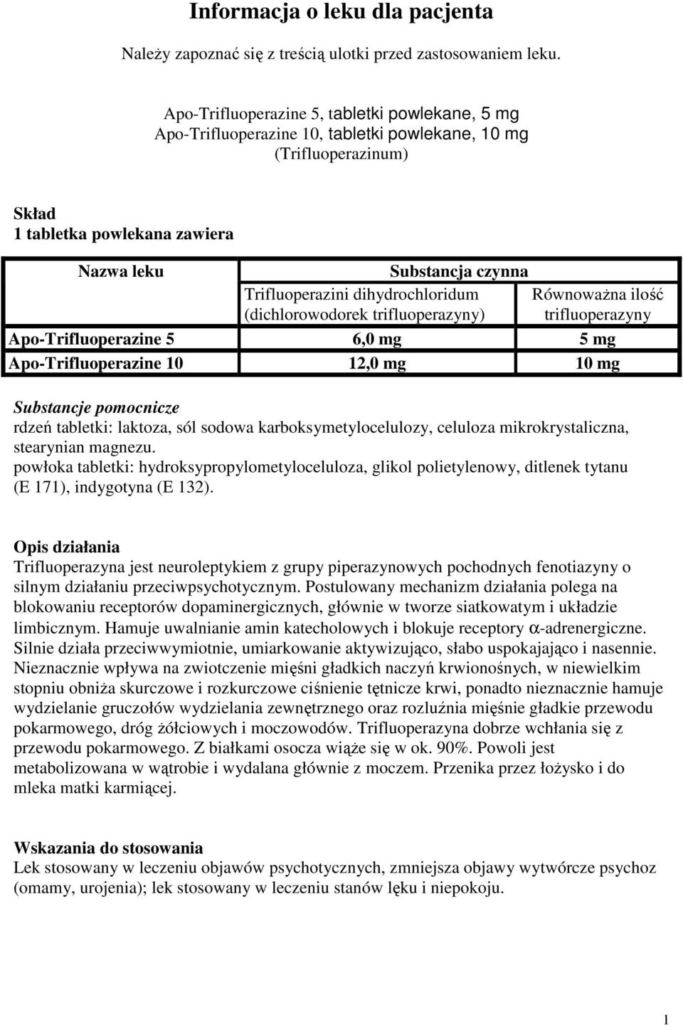 dihydrochloridum (dichlorowodorek trifluoperazyny) RównowaŜna ilość trifluoperazyny Apo-Trifluoperazine 5 6,0 mg 5 mg Apo-Trifluoperazine 10 12,0 mg 10 mg Substancje pomocnicze rdzeń tabletki: