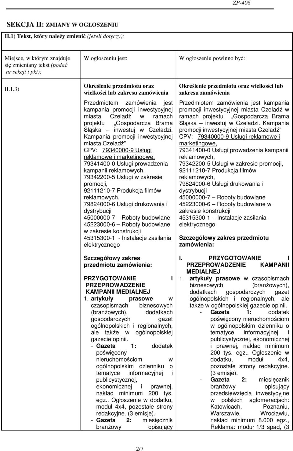 3) W ogłoszeniu jest: Określenie przedmiotu oraz wielkości lub zakresu zamówienia Przedmiotem zamówienia jest kampania promocji inwestycyjnej miasta Czeladź w ramach projektu Gospodarcza Brama Śląska