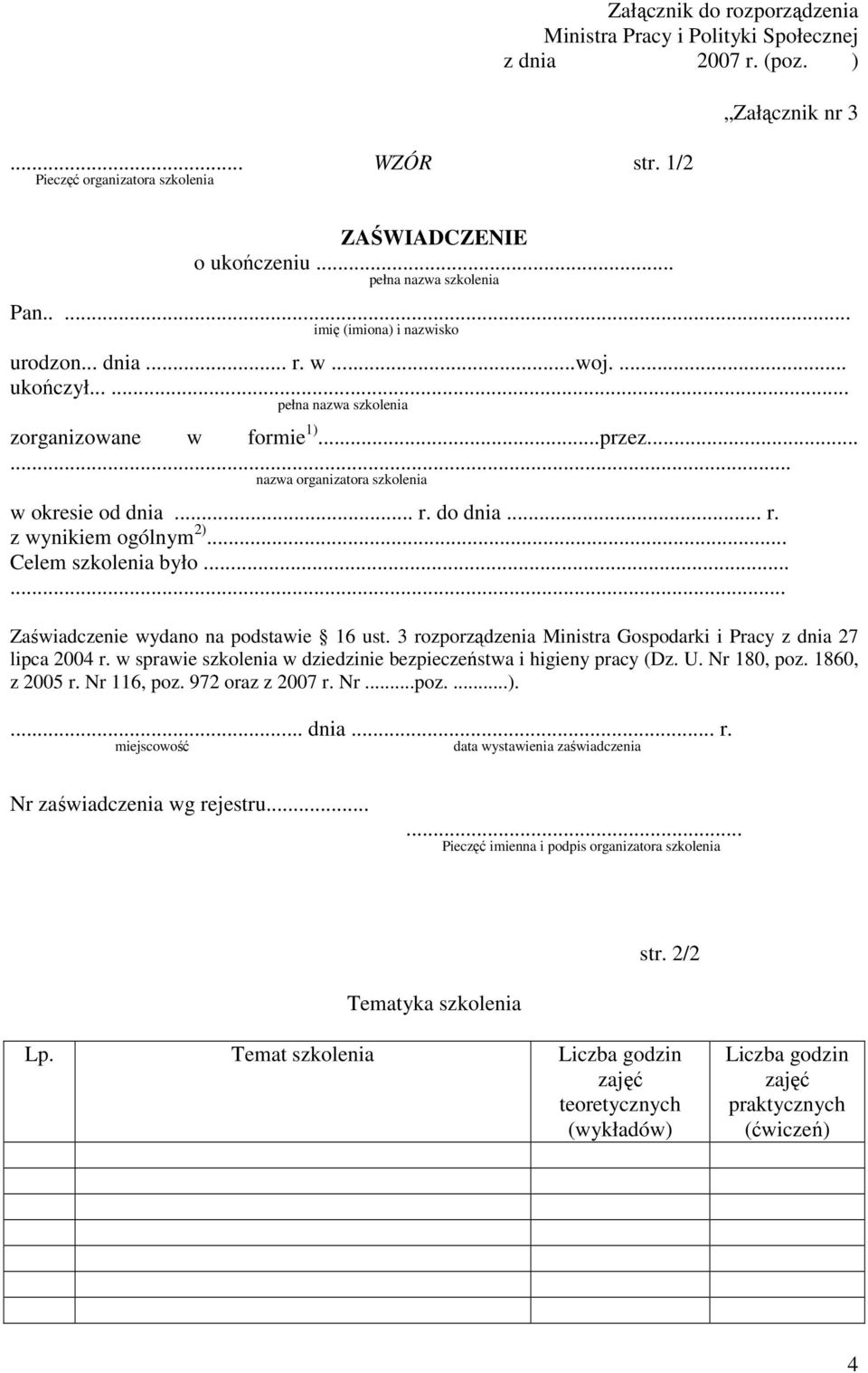 ..... nazwa organizatora szkolenia w okresie od dnia... r. do dnia... r. z wynikiem ogólnym 2)... Celem szkolenia było...... Zaświadczenie wydano na podstawie 16 ust.