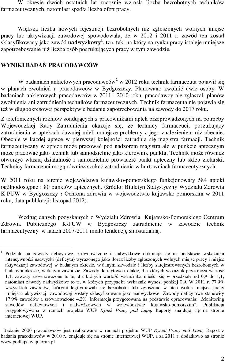 zawód ten został sklasyfikowany jako zawód nadwyżkowy 1, tzn. taki na który na rynku pracy istnieje mniejsze zapotrzebowanie niż liczba osób poszukujących pracy w tym zawodzie.