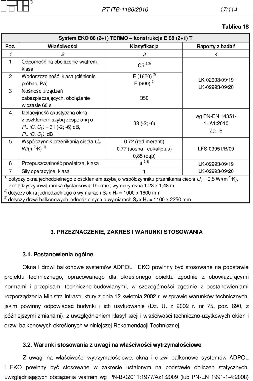 4 Izolacyjność akustyczna okna z oszkleniem szybą zespoloną o R w (C, C tr ) = 31 (-2; -6) db, R w (C, C tr ), db 5 Współczynnik przenikania ciepła U w, 0,72 1) W/(m 2 K) C5 2,3) E (1650) 2) E (900)