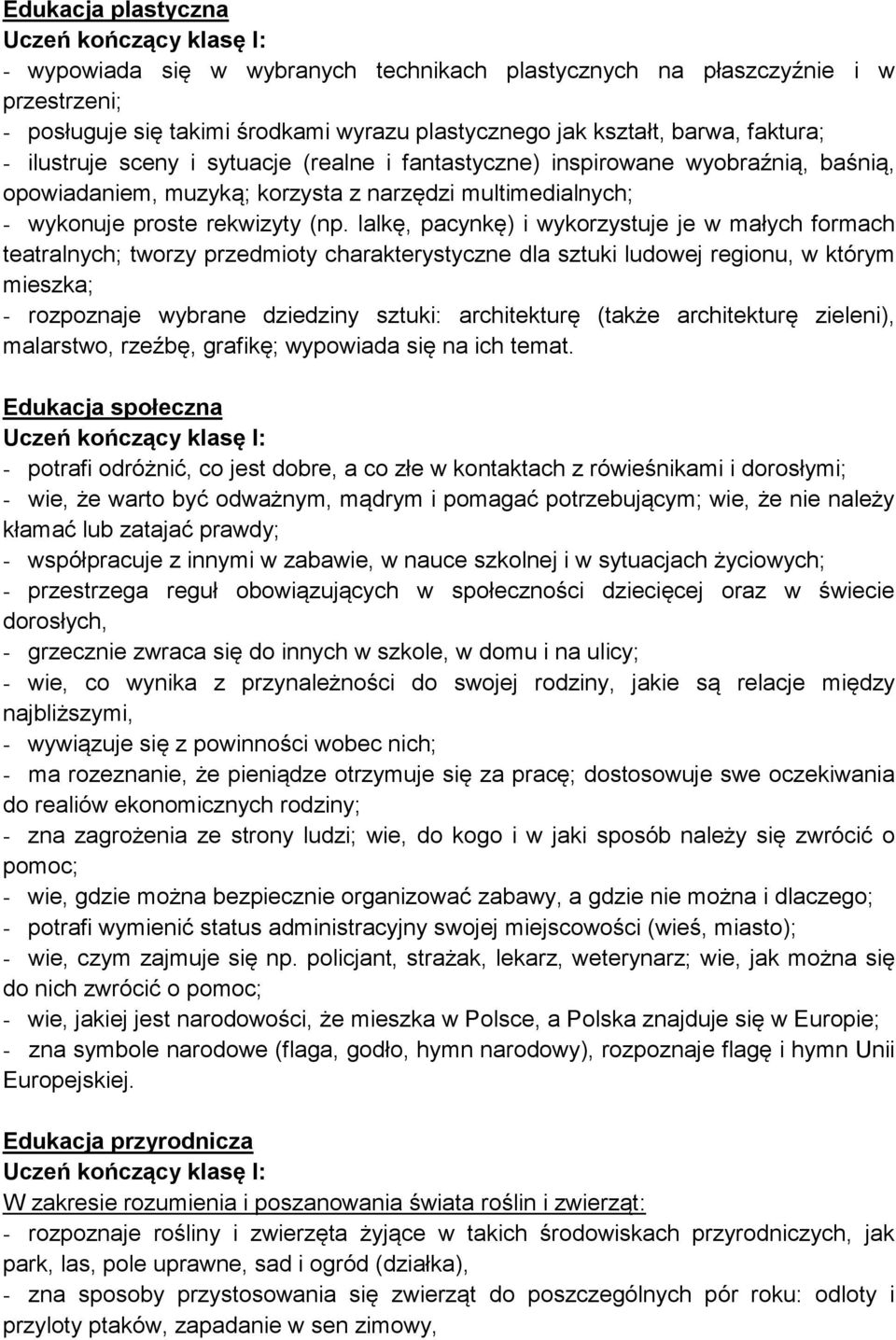 lalkę, pacynkę) i wykorzystuje je w małych formach teatralnych; tworzy przedmioty charakterystyczne dla sztuki ludowej regionu, w którym mieszka; - rozpoznaje wybrane dziedziny sztuki: architekturę