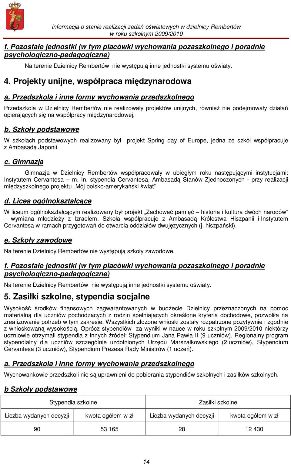 Przedszkola i inne formy wychowania przedszkolnego Przedszkola w Dzielnicy Rembertów nie realizowały projektów unijnych, równieŝ nie podejmowały działań opierających się na współpracy międzynarodowej.