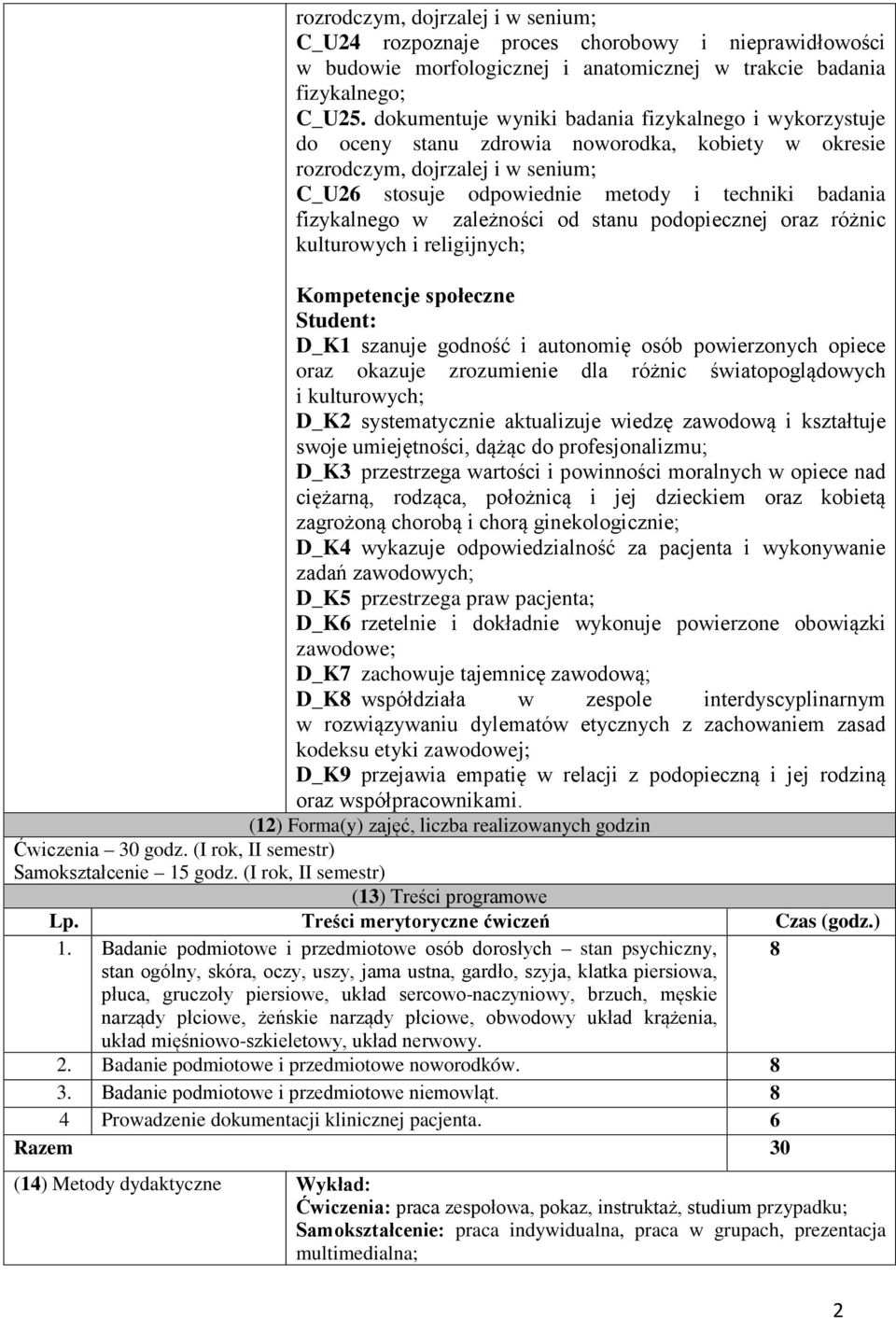 fizykalnego w zależności od stanu podopiecznej oraz różnic kulturowych i religijnych; Kompetencje społeczne D_K1 szanuje godność i autonomię osób powierzonych opiece oraz okazuje zrozumienie dla