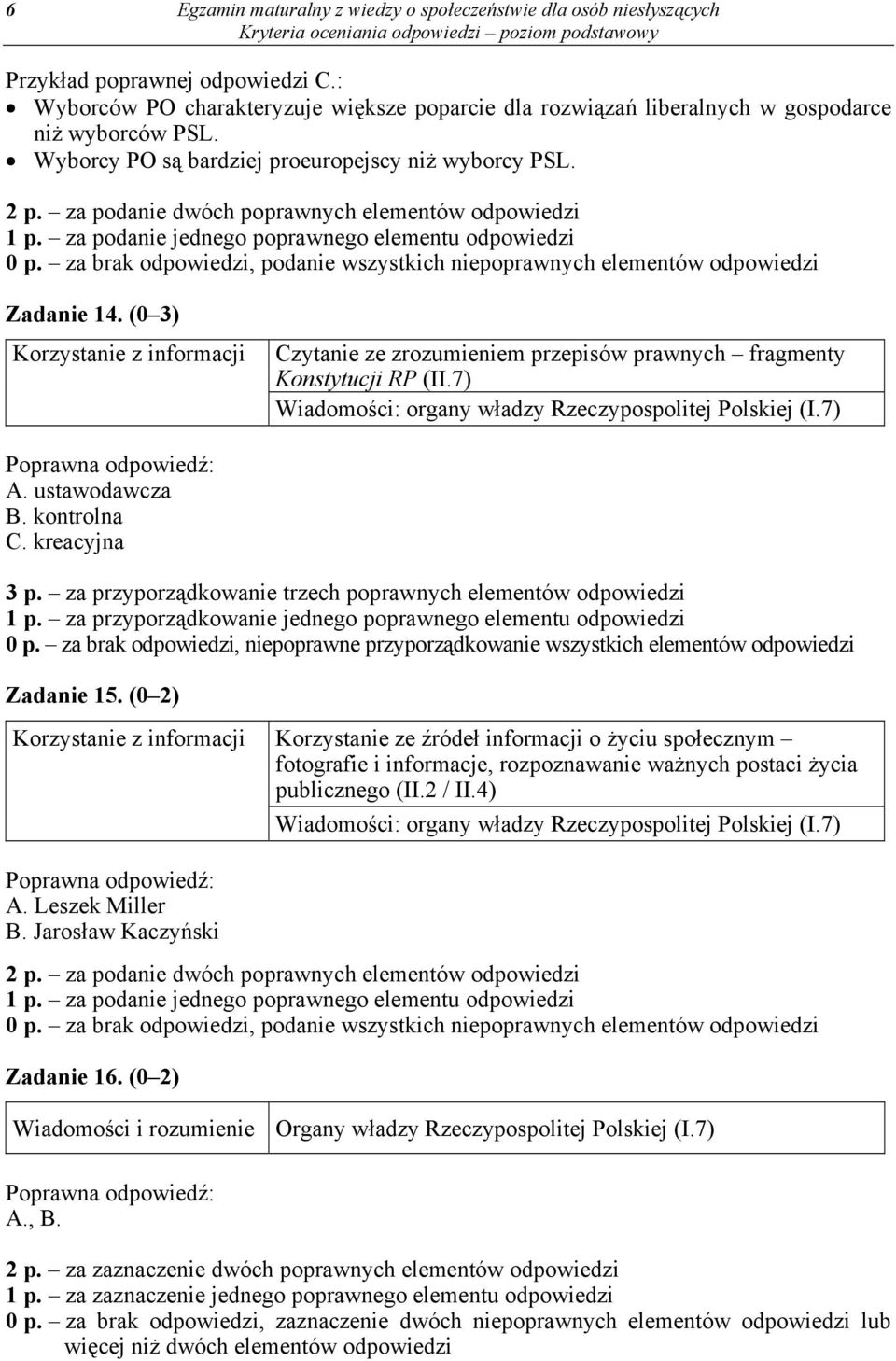 (0 3) Czytanie ze zrozumieniem przepisów prawnych fragmenty Konstytucji RP (II.7) Wiadomości: organy władzy Rzeczypospolitej Polskiej (I.7) A. ustawodawcza B. kontrolna C. kreacyjna 3 p.