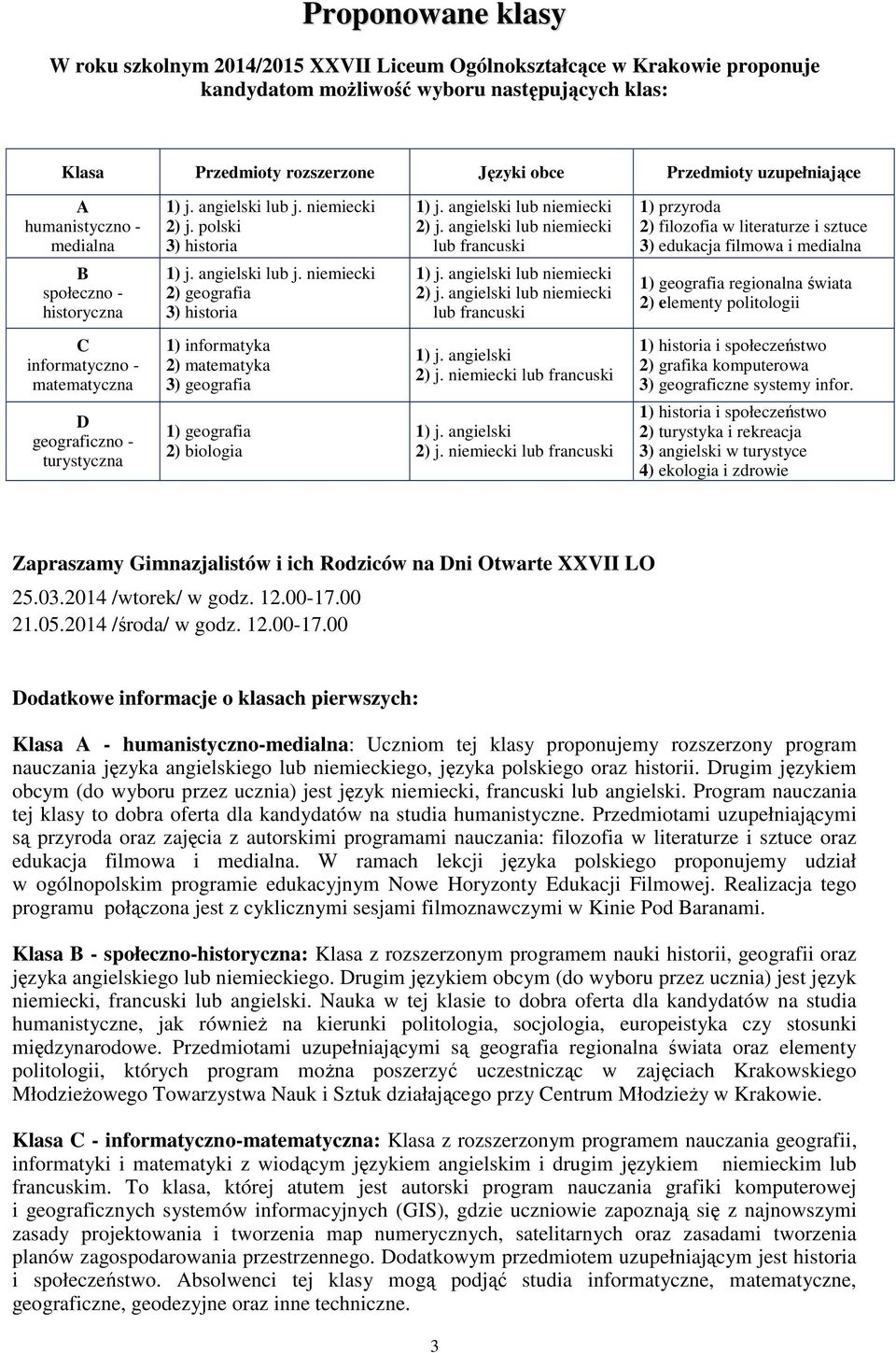 angielski niemiecki francuski 1) przyroda 2) filozofia w literaturze i sztuce 3) edukacja filmowa i medialna B społeczno - historyczna 1) j. angielski j. niemiecki 2) geografia 3) historia 1) j.