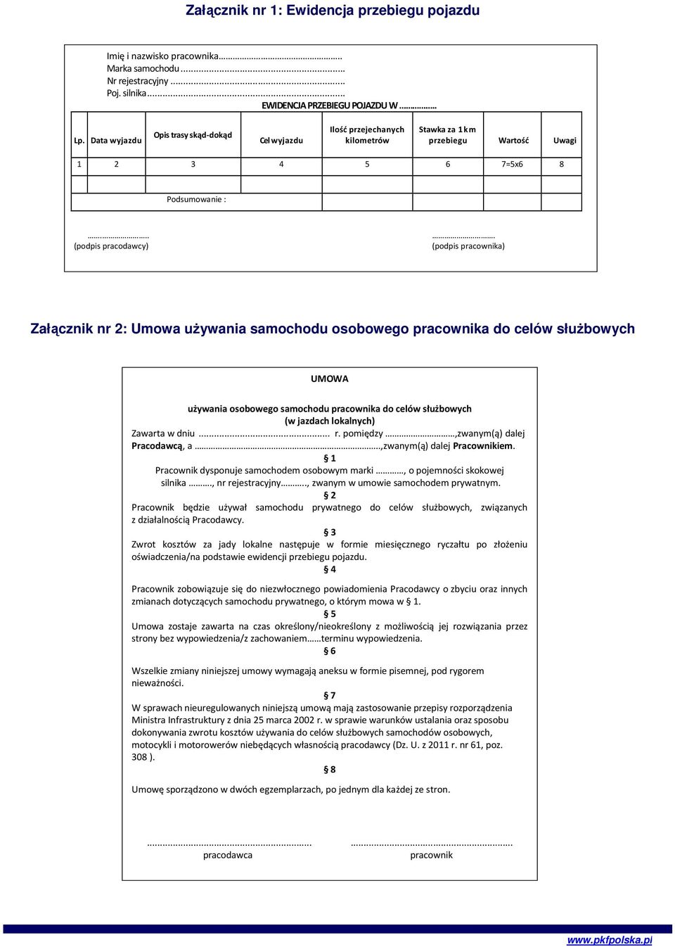 (podpis pracownika) Załącznik nr 2: Umowa używania samochodu osobowego pracownika do celów służbowych UMOWA używania osobowego samochodu pracownika do celów służbowych (w jazdach lokalnych) Zawarta w