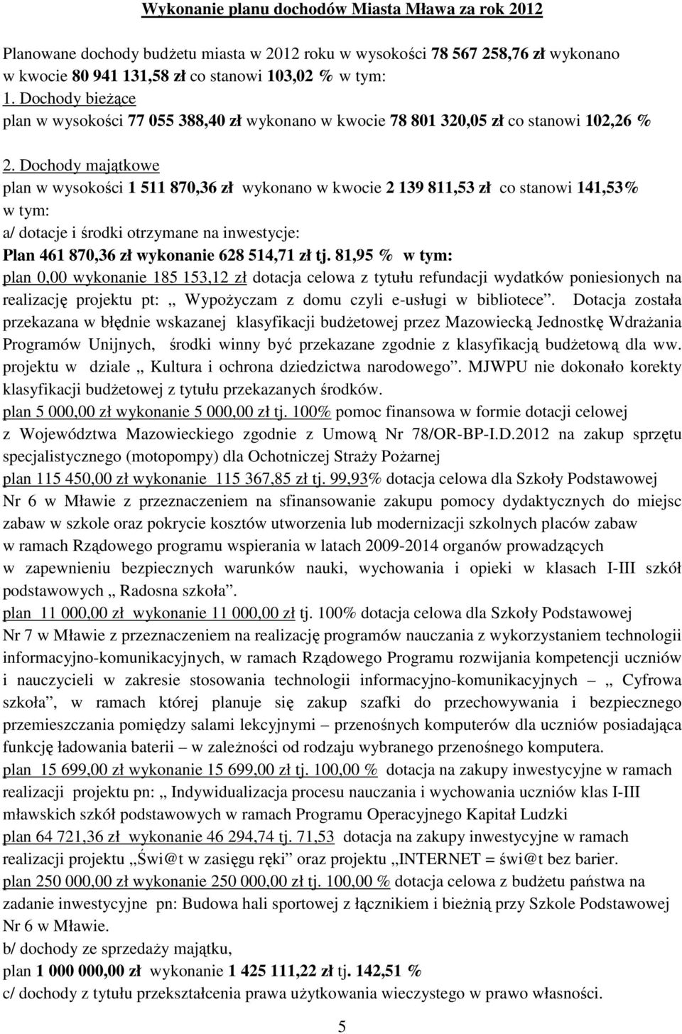 Dochody majątkowe plan w wysokości 1 511 870,36 zł wykonano w kwocie 2 139 811,53 zł co stanowi 141,53% w tym: a/ dotacje i środki otrzymane na inwestycje: Plan 461 870,36 zł wykonanie 628 514,71 zł