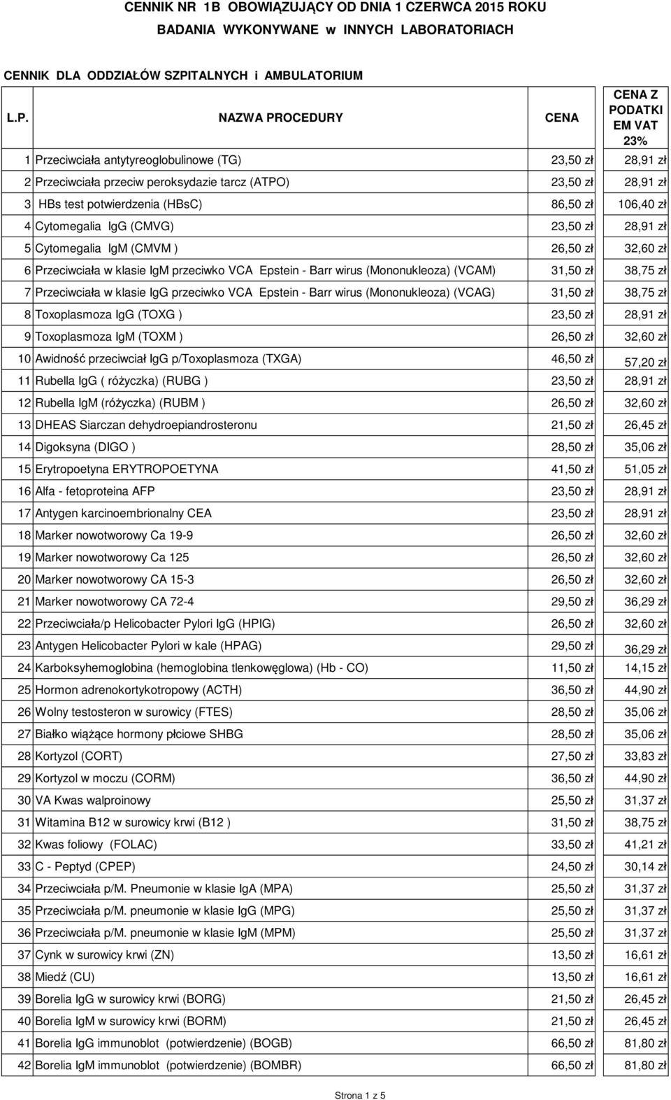przeciwko VCA Epstein - Barr wirus (Mononukleoza) (VCAG) 31,50 zł 38,75 zł 8 Toxoplasmoza IgG (TOXG ) 23,50 zł 28,91 zł 9 Toxoplasmoza IgM (TOXM ) 26,50 zł 32,60 zł 10 Awidność przeciwciał IgG