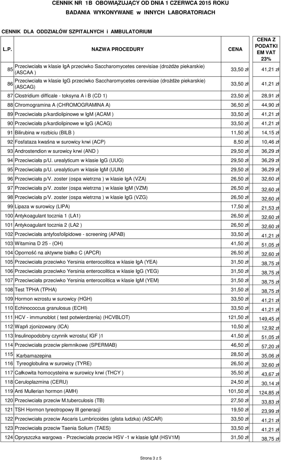 33,50 zł 41,21 zł 90 Przeciwciała p/kardiolipinowe w IgG (ACAG) 33,50 zł 41,21 zł 91 Bilirubina w rozbiciu (BILB ) 11,50 zł 14,15 zł 92 Fosfataza kwaśna w surowicy krwi (ACP) 8,50 zł 10,46 zł 93