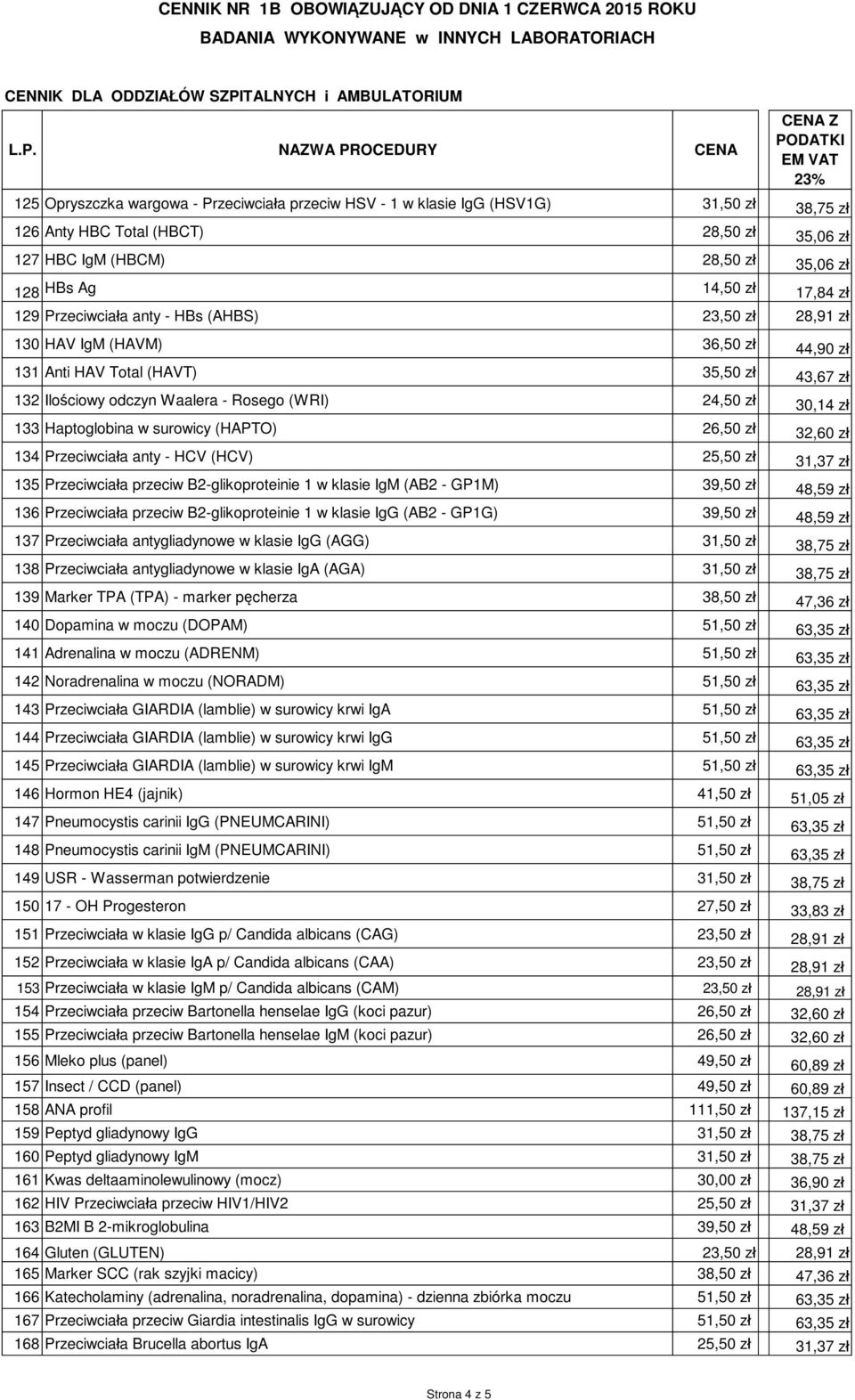 133 Haptoglobina w surowicy (HAPTO) 26,50 zł 32,60 zł 134 Przeciwciała anty - HCV (HCV) 25,50 zł 31,37 zł 135 Przeciwciała przeciw B2-glikoproteinie 1 w klasie IgM (AB2 - GP1M) 39,50 zł 48,59 zł 136