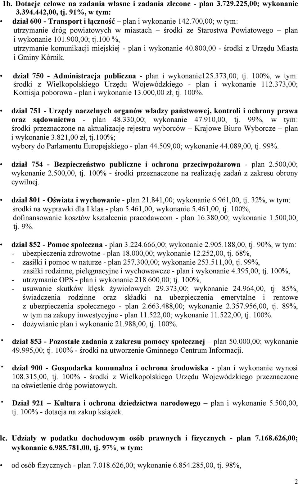 800,00 - środki z Urzędu Miasta i Gminy Kórnik. dział 750 - Administracja publiczna - plan i wykonanie125.373,00; tj. 100%, środki z Wielkopolskiego Urzędu Wojewódzkiego - plan i wykonanie 112.