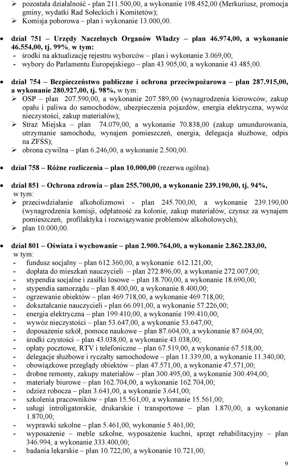 069,00; - wybory do Parlamentu Europejskiego plan 43.905,00, a wykonanie 43.485,00. dział 754 Bezpieczeństwo publiczne i ochrona przeciwpożarowa plan 287.915,00, a wykonanie 280.927,00, tj.