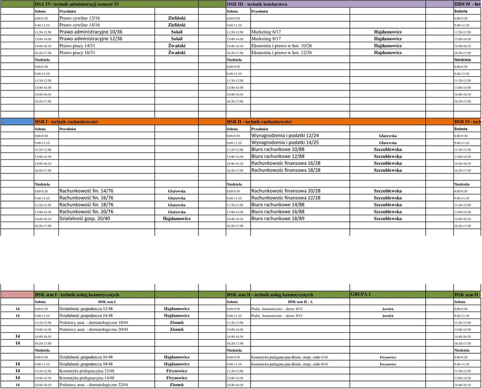 administracyjne 12/36 Sokół 13:00-14:30 Marketing 8/17 Hajdamowicz 13:00-14:30 14:40-16:10 Prawo pracy 14/31 Żwański 14:40-16:10 Ekonomia i prawo w hot.