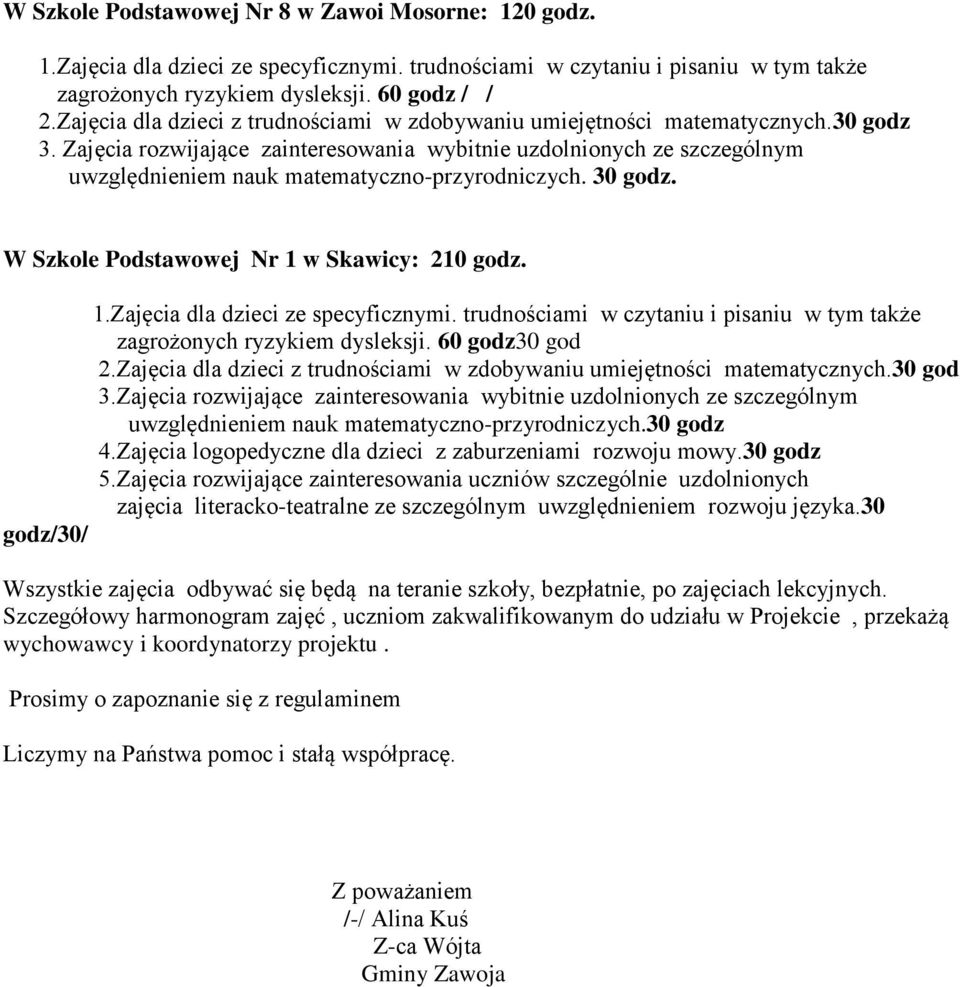 zagrożonych ryzykiem dysleksji. 60 godz30 god 2.Zajęcia dla dzieci z trudnościami w zdobywaniu umiejętności matematycznych.30 god 3.