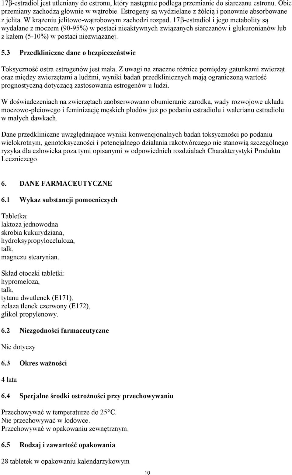 17β-estradiol i jego metabolity są wydalane z moczem (90-95%) w postaci nieaktywnych związanych siarczanów i glukuronianów lub z kałem (5-10%) w postaci niezwiązanej. 5.